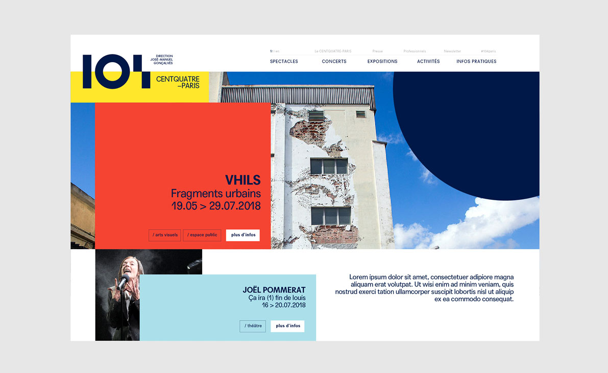 siteweb design. Identité visuelle lieu culturel 104 centquatre Paris